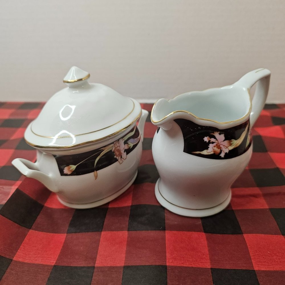 Remington Fine China Creamer and Sugar with Lid White Black Gold Trim